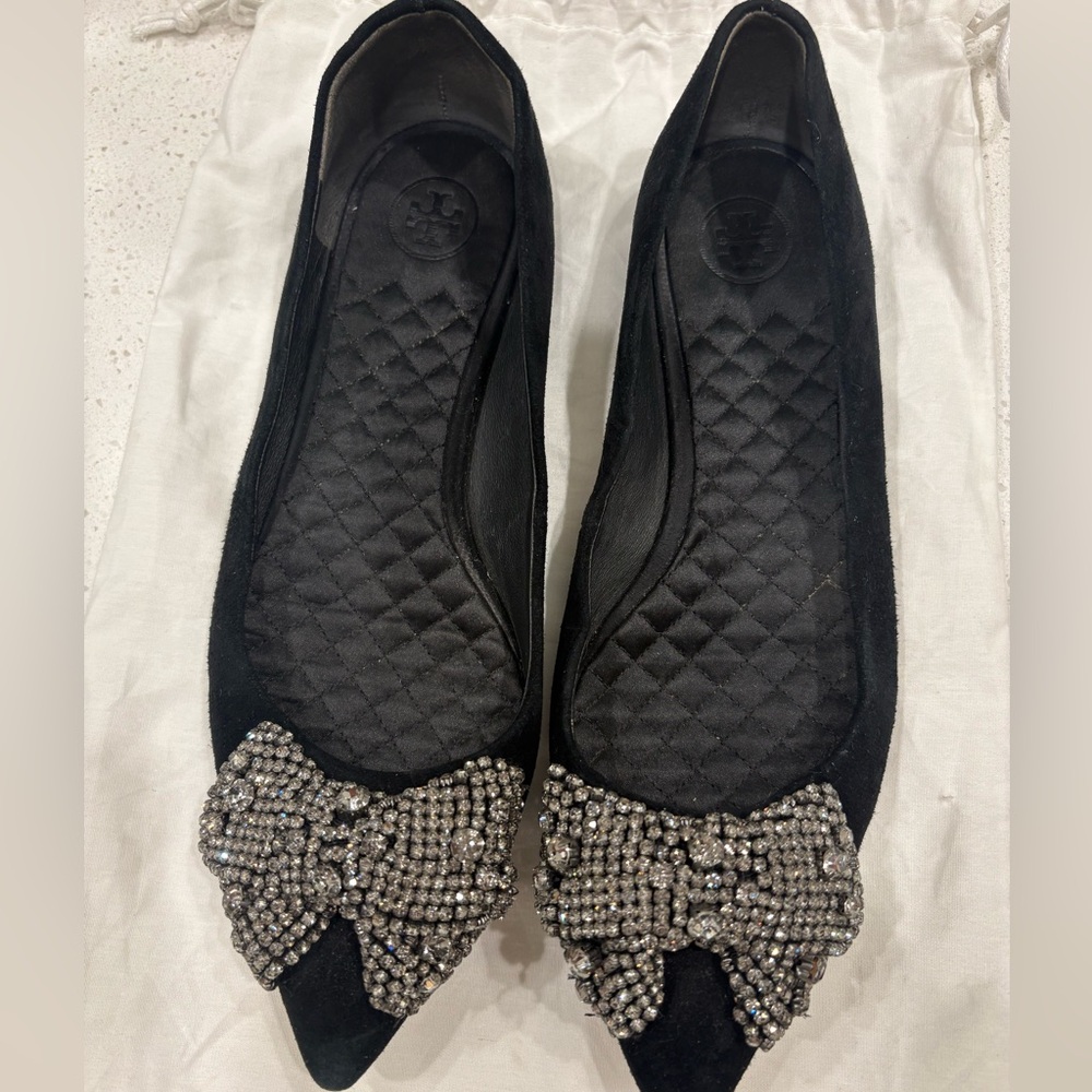 Tory Burch Black Flats with Silver Crystal Bow